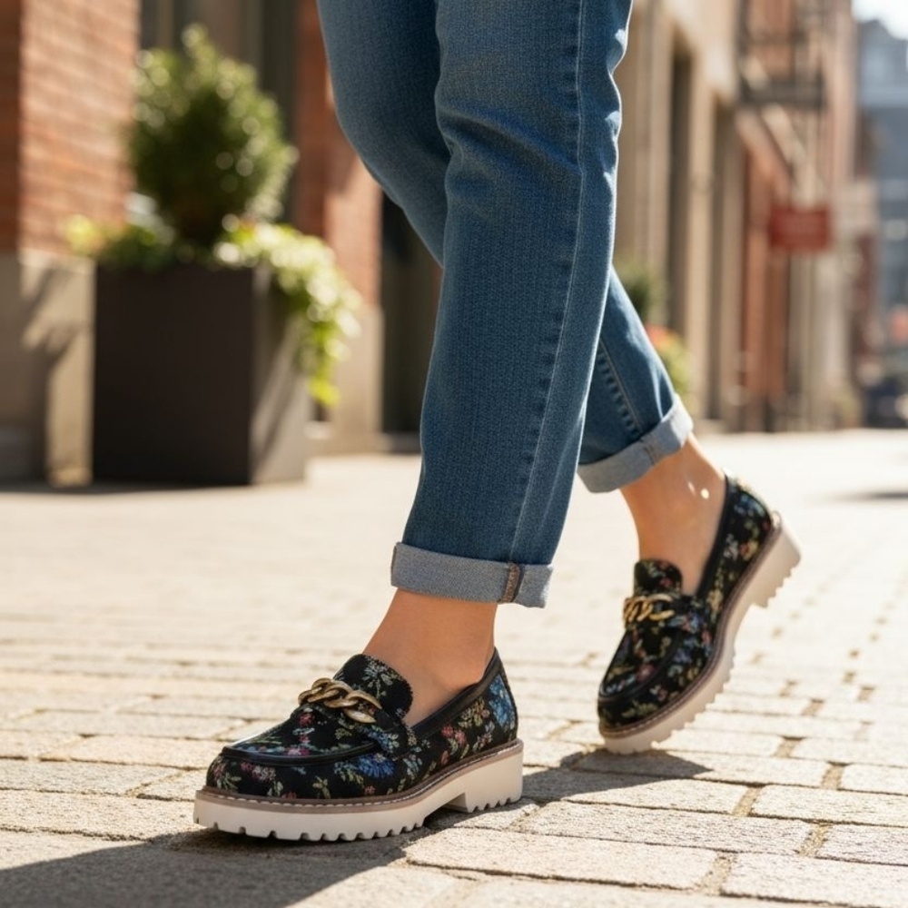 Corkys Literally Black Brocade Floral Loafers New - Picture 2 of 3